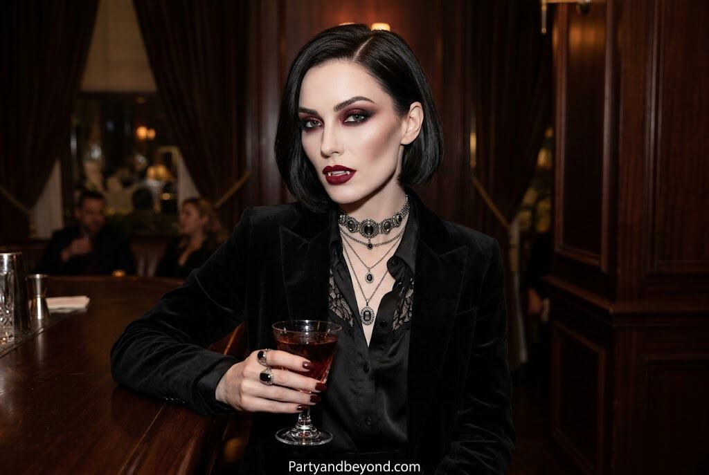 Glam vampire Halloween makeup with burgundy smoky eyes and blood drip lips