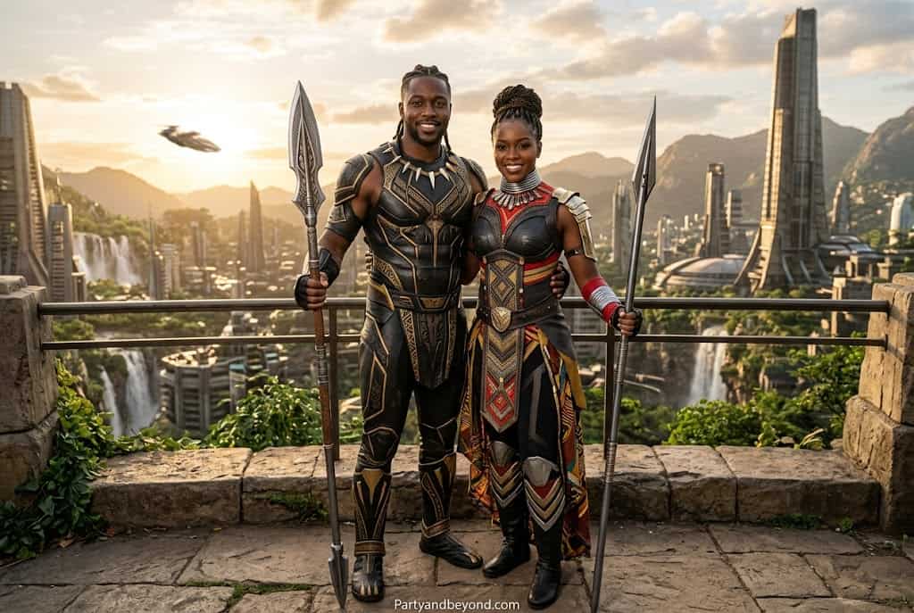 DIY Wakanda warrior couple costume inspired by Black Panther with red and gold armor.