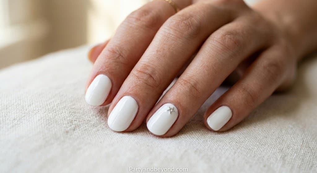 White nails with a single small red or blue star accent for a clean patriotic manicure.