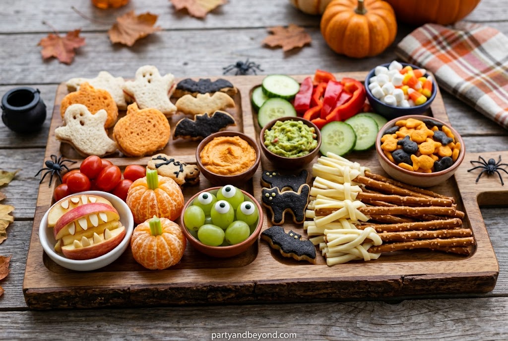 Halloween mummy snack board with string cheese, turkey rolls, crackers, and grapes.