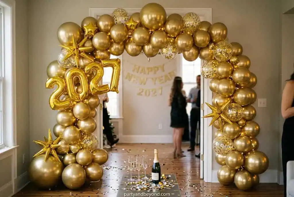 DIY gold and black balloon garland arch decorating a New Year's Eve party entrance