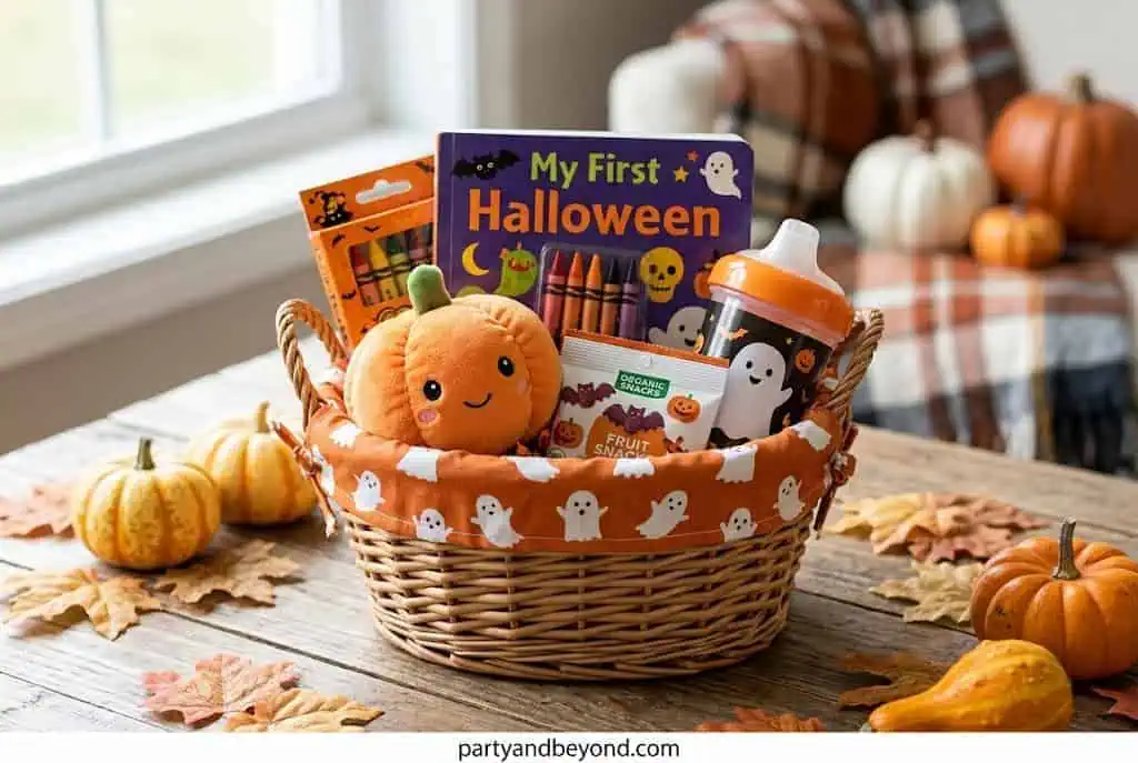 Toddler boo basket with plush ghost, Halloween board book, socks, bath toy, and healthy snacks