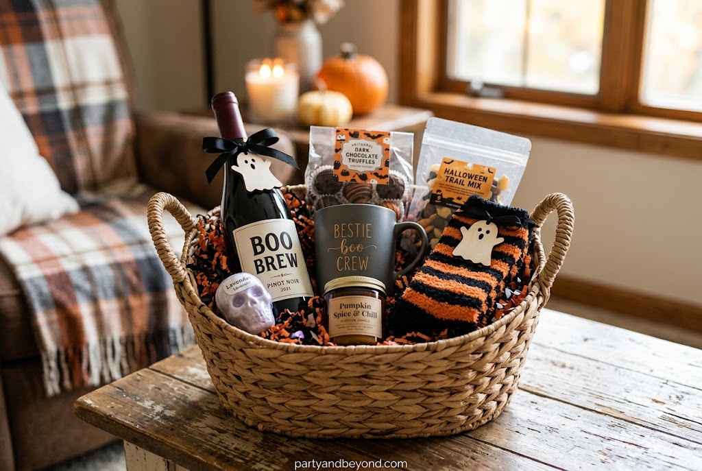 Best friend boo basket with candle, fuzzy socks, skincare, candy, and handwritten note