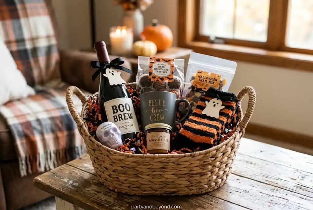 Best friend boo basket with candle, fuzzy socks, skincare, candy, and handwritten note