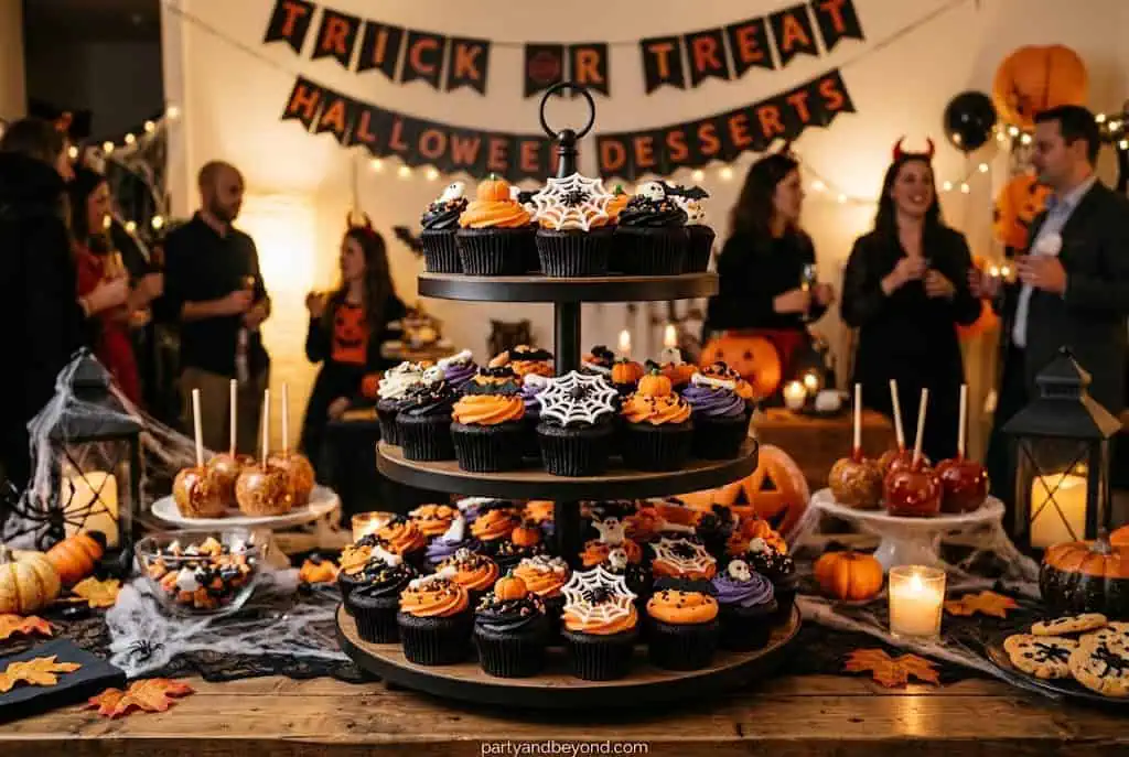 Black velvet cupcakes with vibrant orange and purple frosting displayed on a tiered cupcake stand for Halloween.