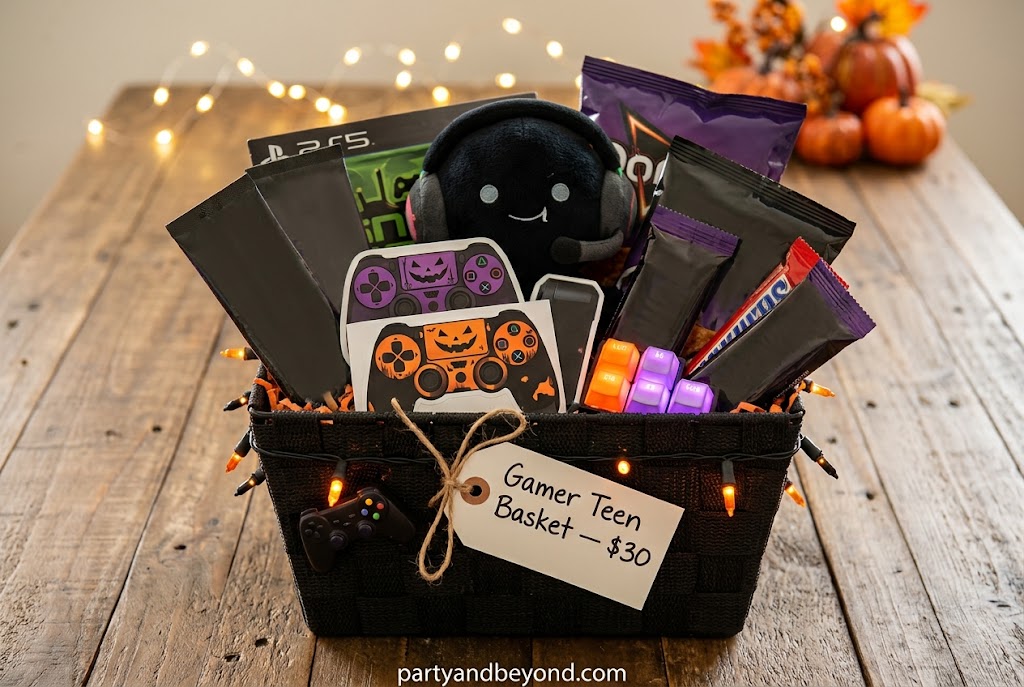 Self-care Halloween boo basket with skincare, herbal tea, journal, fuzzy socks, and chocolate