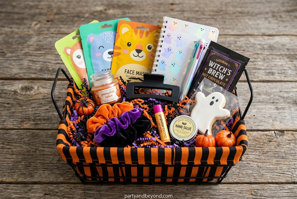 Halloween snack boo basket packed with chips, candy bars, cookies, drinks, and fall treats