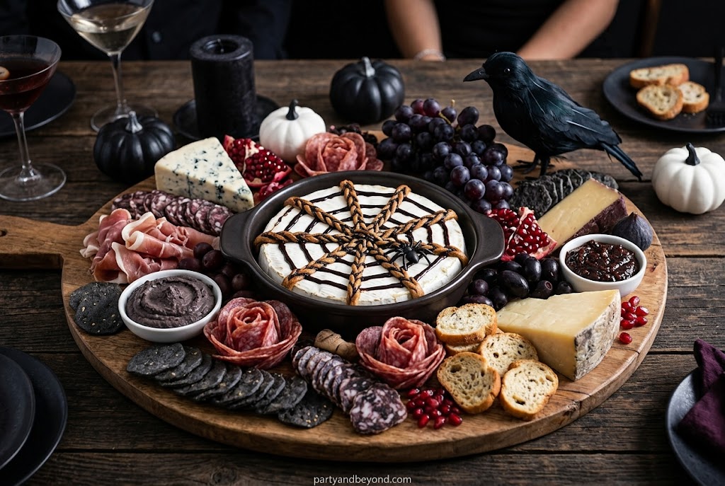 Halloween charcuterie board arranged around a spooky skull centerpiece.