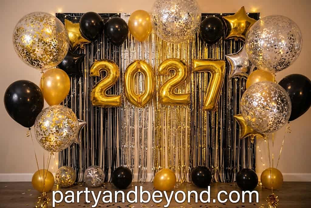 Gold foil fringe backdrop with star balloons for a glamorous New Year's Eve photo booth