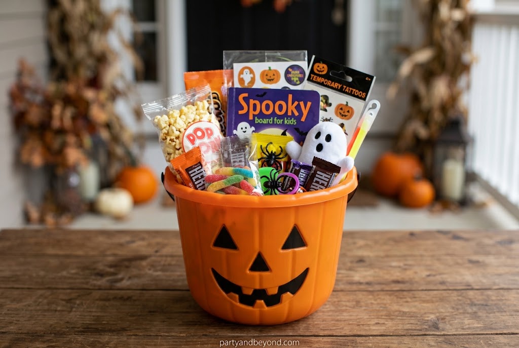 Classic Halloween boo basket with coloring book, glow sticks, candy, stickers, and mini pumpkin