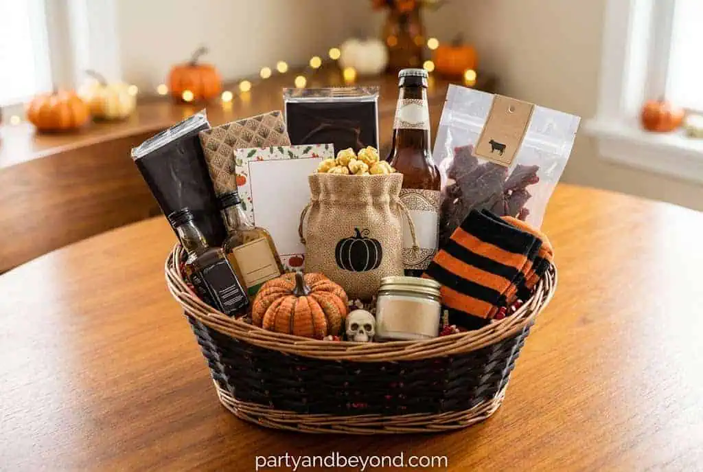 Halloween boo basket for boyfriend with snacks, cozy socks, popcorn, hot sauce, and games