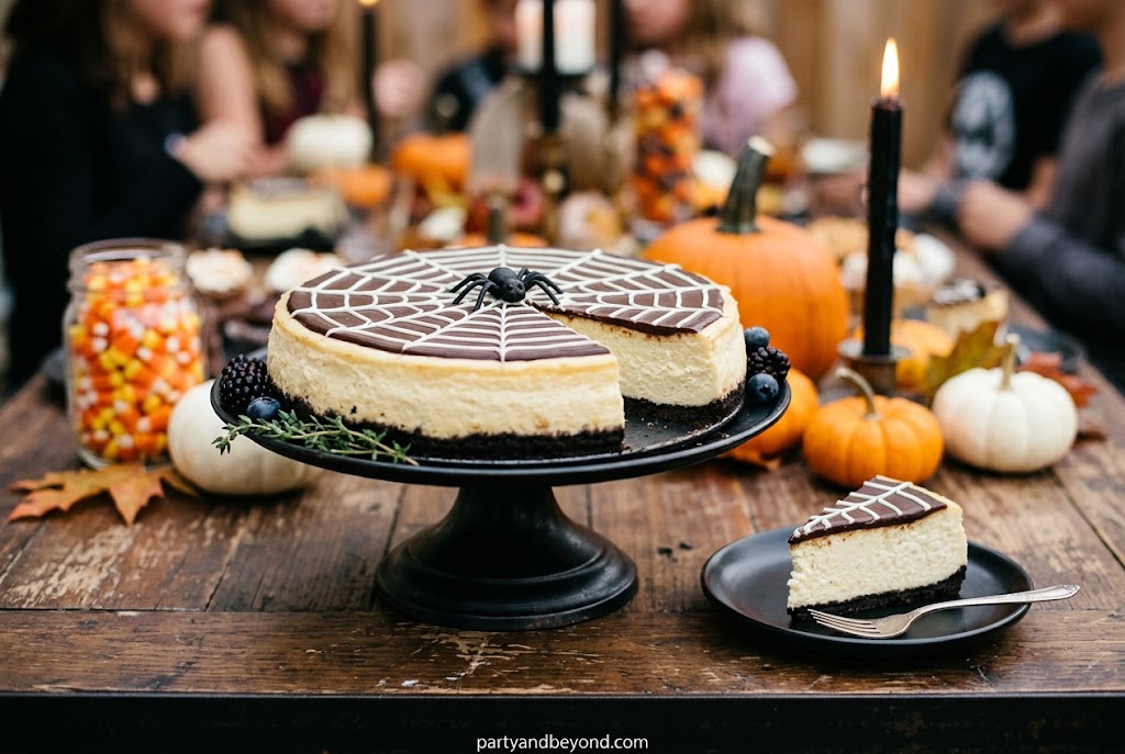 Creamy Halloween cheesecake decorated with an elegant chocolate spiderweb design on top.