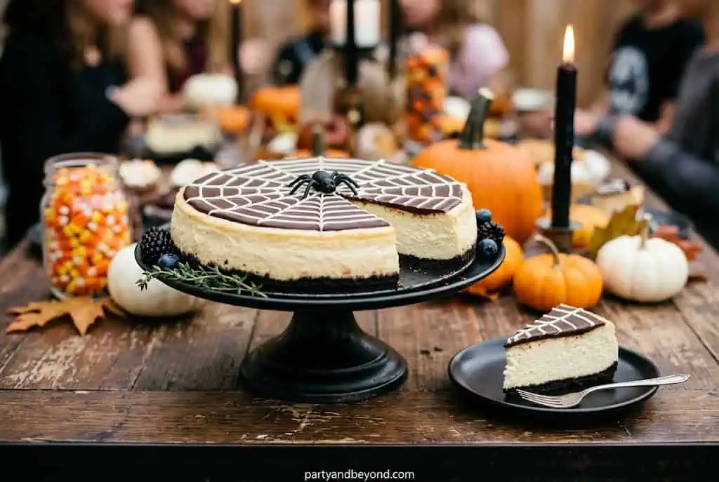 Creamy Halloween cheesecake decorated with an elegant chocolate spiderweb design on top.