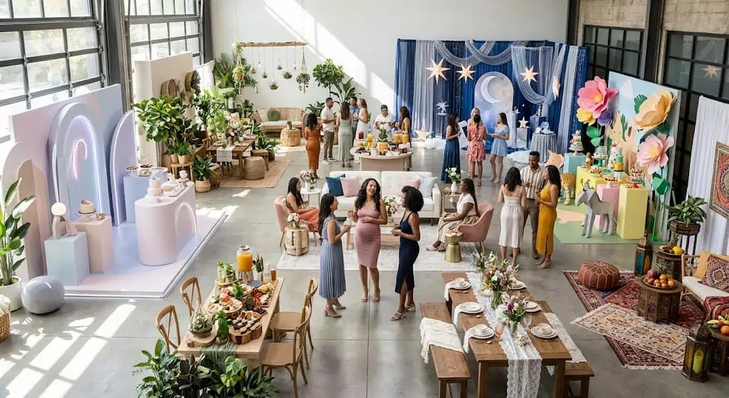 Elegant event setup with colorful decorations and floral arrangements.