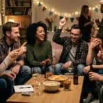 200+ Never Have I Ever Questions for Adults: The Ultimate Party List by Occasion Group of friends enjoying a lively party at home with snacks and drinks.
