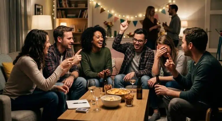 Group of friends enjoying a lively party at home with snacks and drinks.