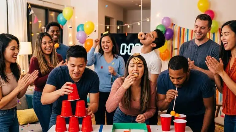 Celebrating with friends at a lively party featuring games, balloons, and joyful moments. Perfect fo.