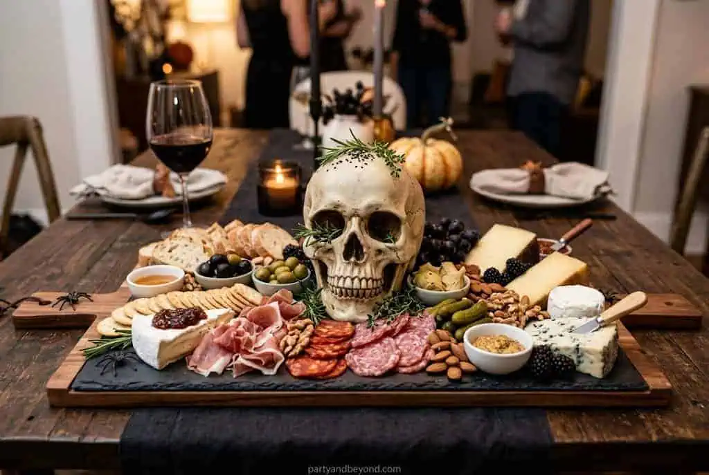 Festive Halloween ghost and strawberry desserts on a platter.