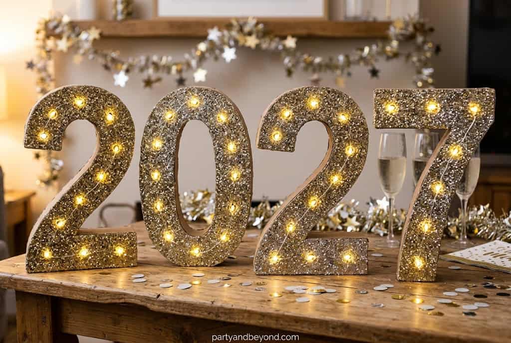 Handmade glitter 2027 marquee numbers crafted from foam board for New Year's Eve decorations