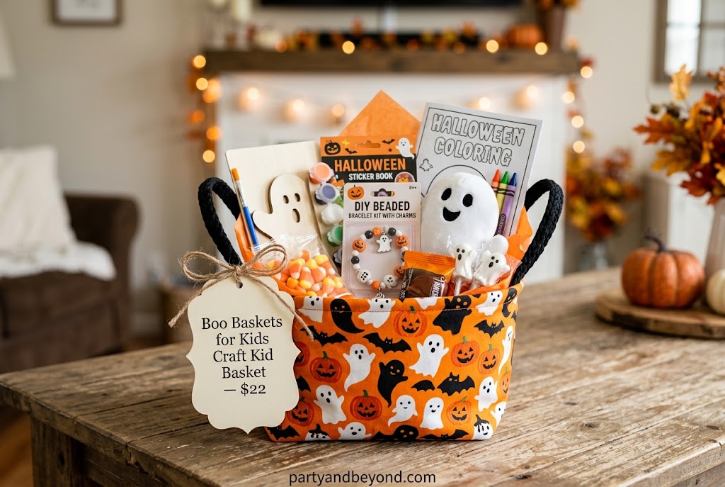 DIY craft boo basket with ceramic pumpkin painting kit, craft supplies, and Halloween treats