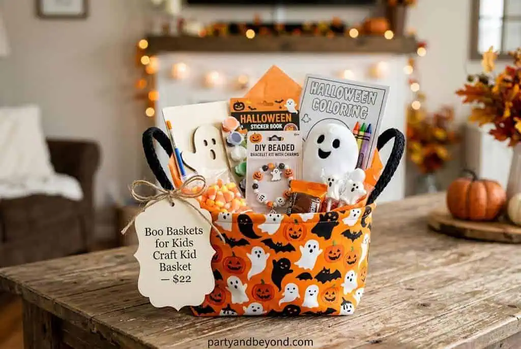 DIY craft boo basket with ceramic pumpkin painting kit, craft supplies, and Halloween treats