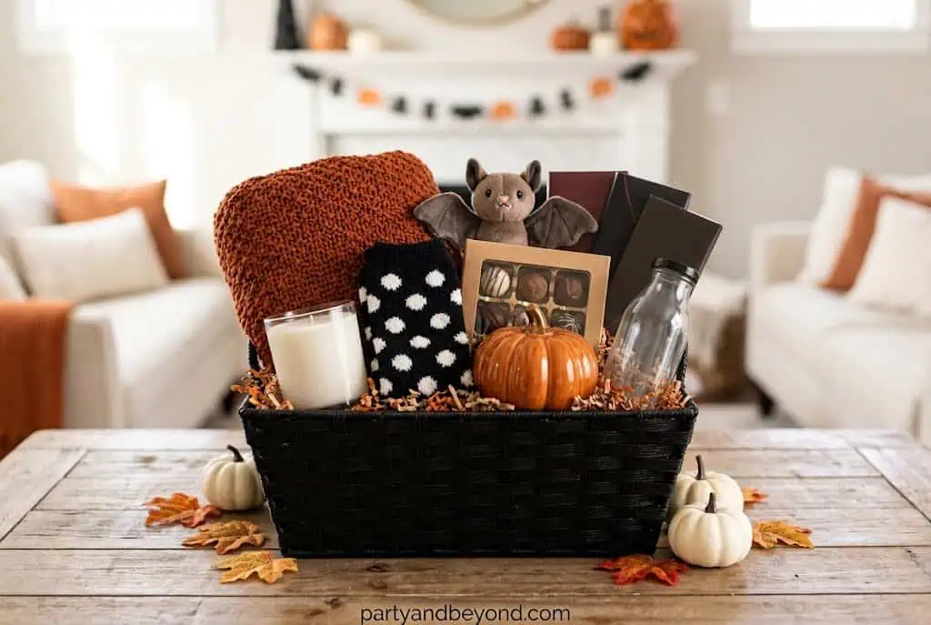 Romantic boo basket for girlfriend with pumpkin candle, blanket, bath bomb, and chocolates