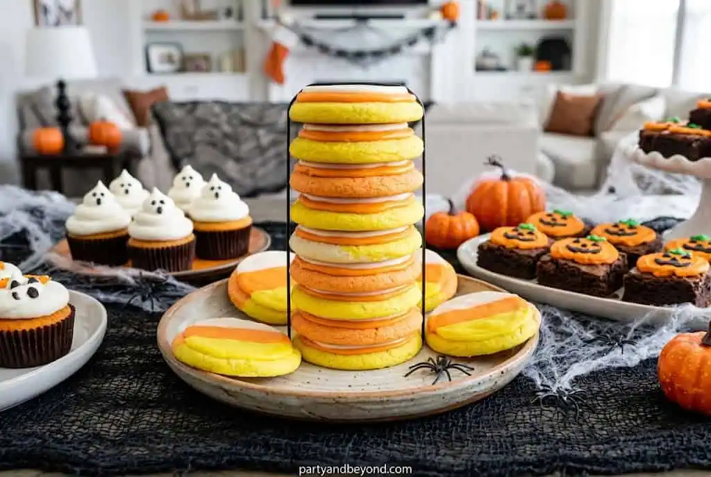 Candy corn-inspired sugar cookies iced in yellow, orange, and white, stacked into a festive Halloween display.