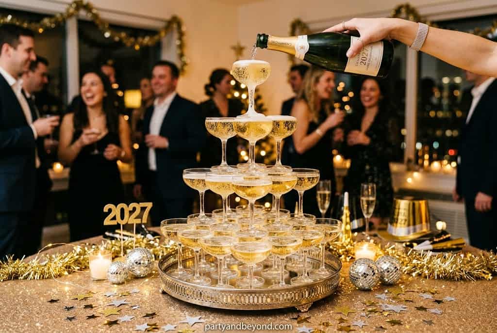 Elegant DIY champagne tower centerpiece with mirrored tray and gold decorations for New Year's Eve