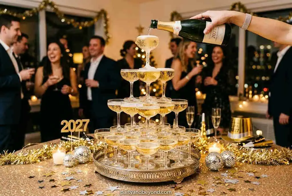 Elegant DIY champagne tower centerpiece with mirrored tray and gold decorations for New Year's Eve