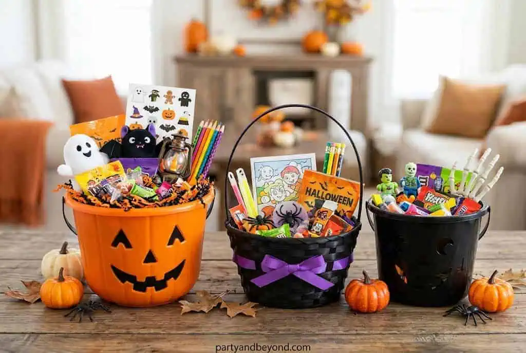 Halloween boo basket with spooky books, reading light, bookmark, hot cocoa, and cozy socks