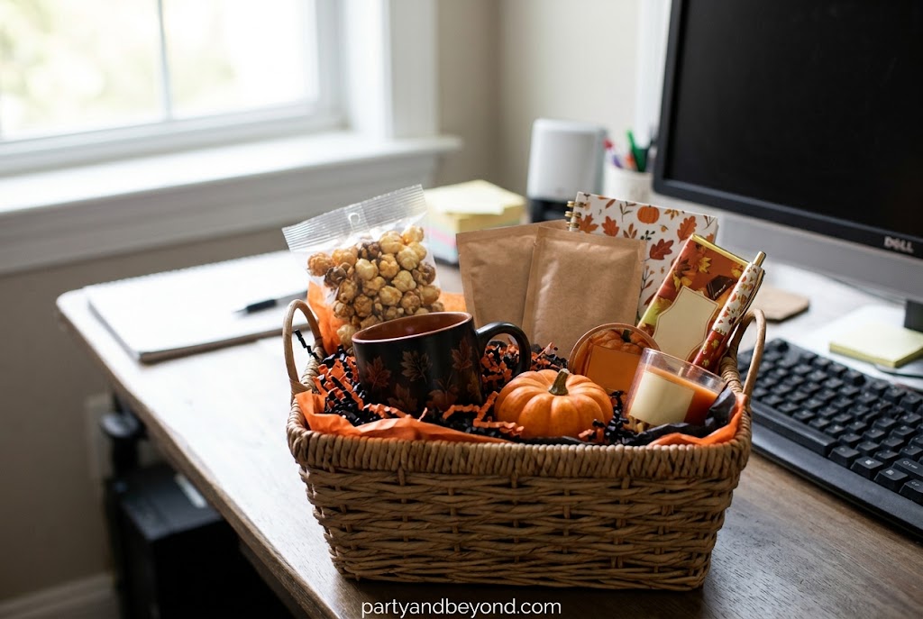 Halloween coworker boo basket with chocolate, mini pumpkin, tea, sticky notes, and desk deco