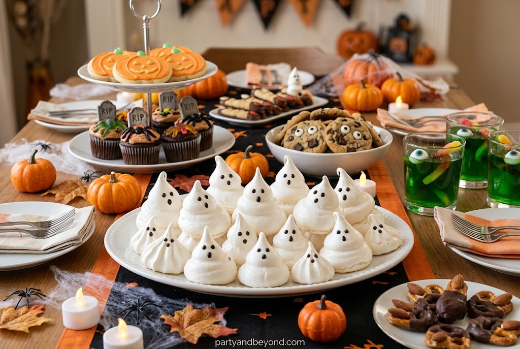 Cute white ghost-shaped meringue cookies with chocolate chip eyes arranged on a serving platter.