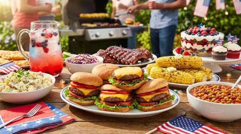 Festive outdoor party with burgers, corn, desserts, and patriotic decorations.