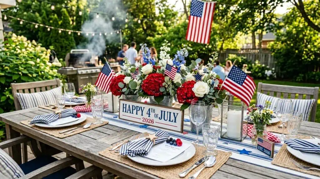 American Independence Day table setup with festive decorations.