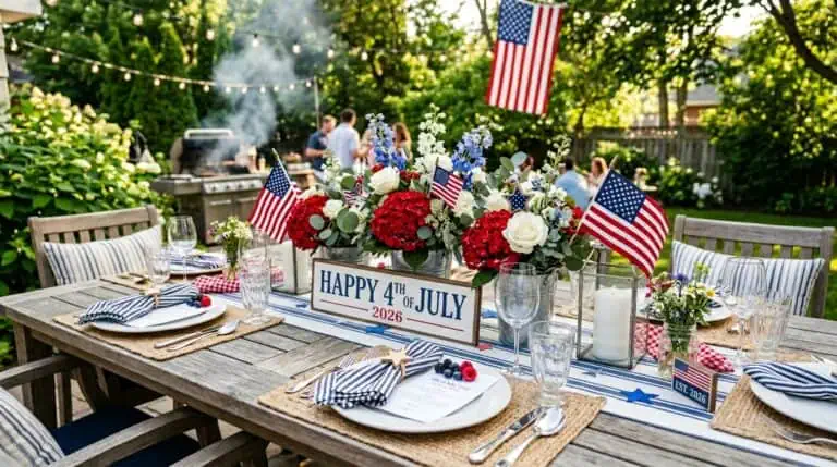 American Independence Day table setup with festive decorations.