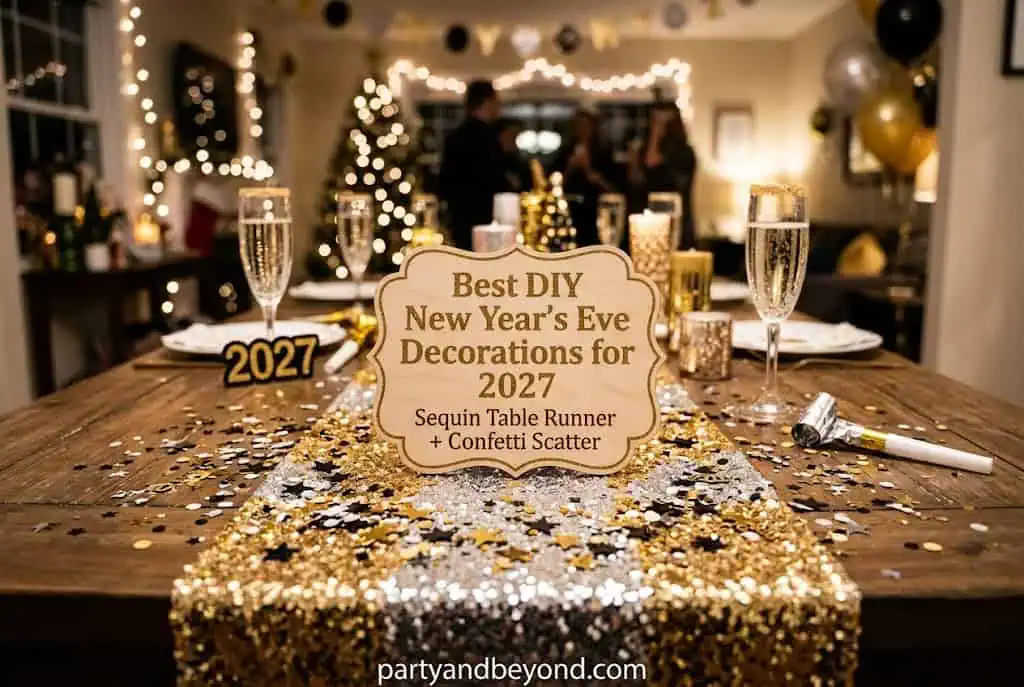Gold sequin table runner with metallic confetti and battery candles for New Year's Eve table decor