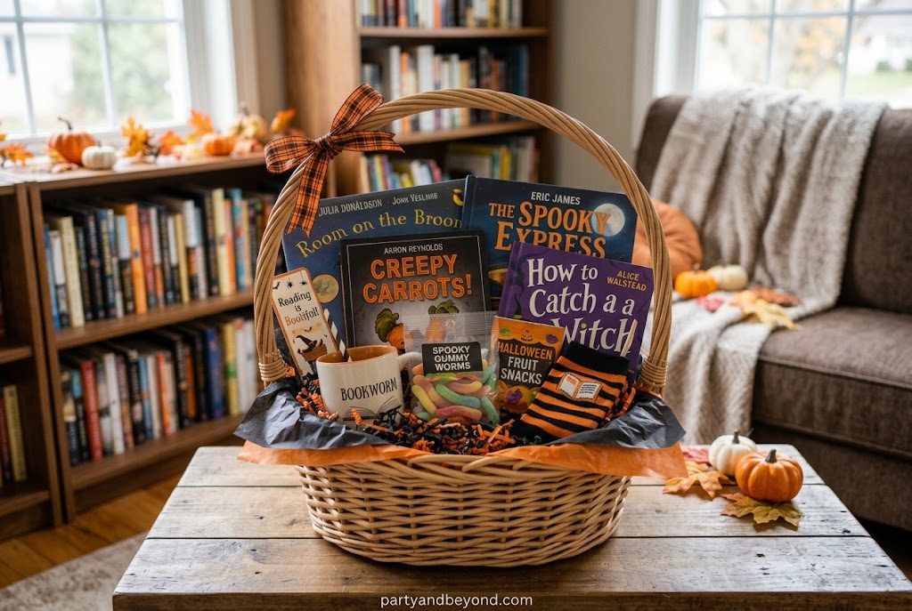 Kids Halloween movie night boo basket with popcorn, candy, blanket, and glow sticks