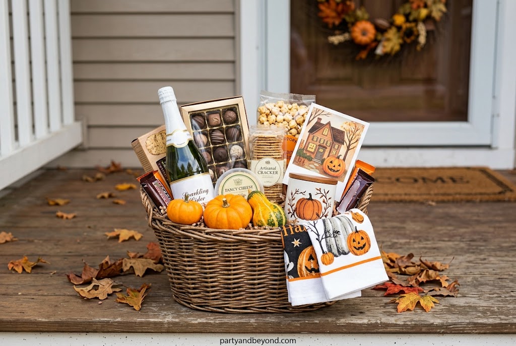 Welcome boo basket with bakery treats, candle, cocoa, pumpkin, and neighborhood welcome card