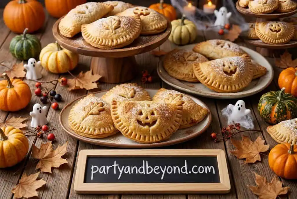 Homemade pumpkin-shaped hand pies with flaky crust and spooky jack-o'-lantern faces.