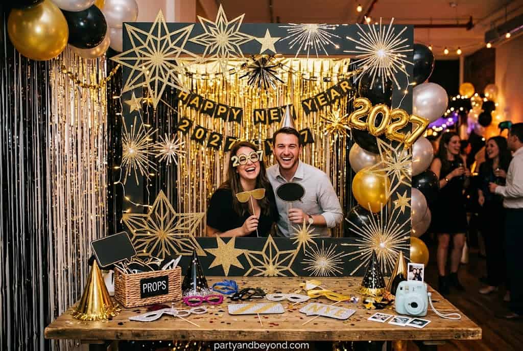 DIY New Year's Eve photo booth corner with gold backdrop, balloons, props, and festive lighting DIY New Years Eve Decorations