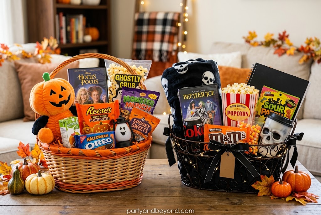 Trick-or-treat boo basket with candy bag, glow bracelets, face paint, and Halloween accessories