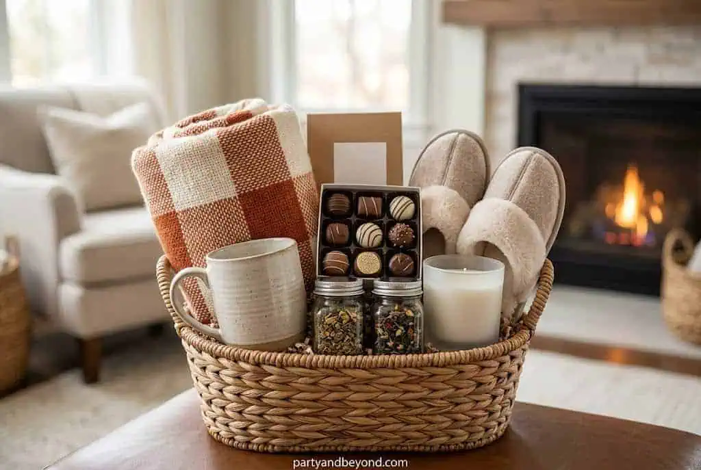 Cozy fall boo basket with blanket, herbal tea, candle, cookies, and warm socks