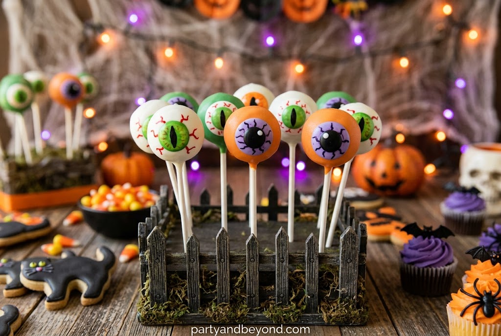 Green and white Halloween cake pops decorated with candy eyes and displayed upright on a dessert stand.
