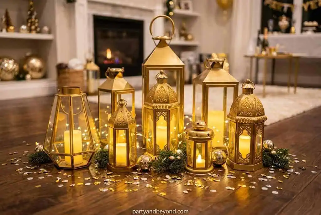 Gold lantern floor arrangement with ornaments, eucalyptus, and LED candles for New Year's Eve decor