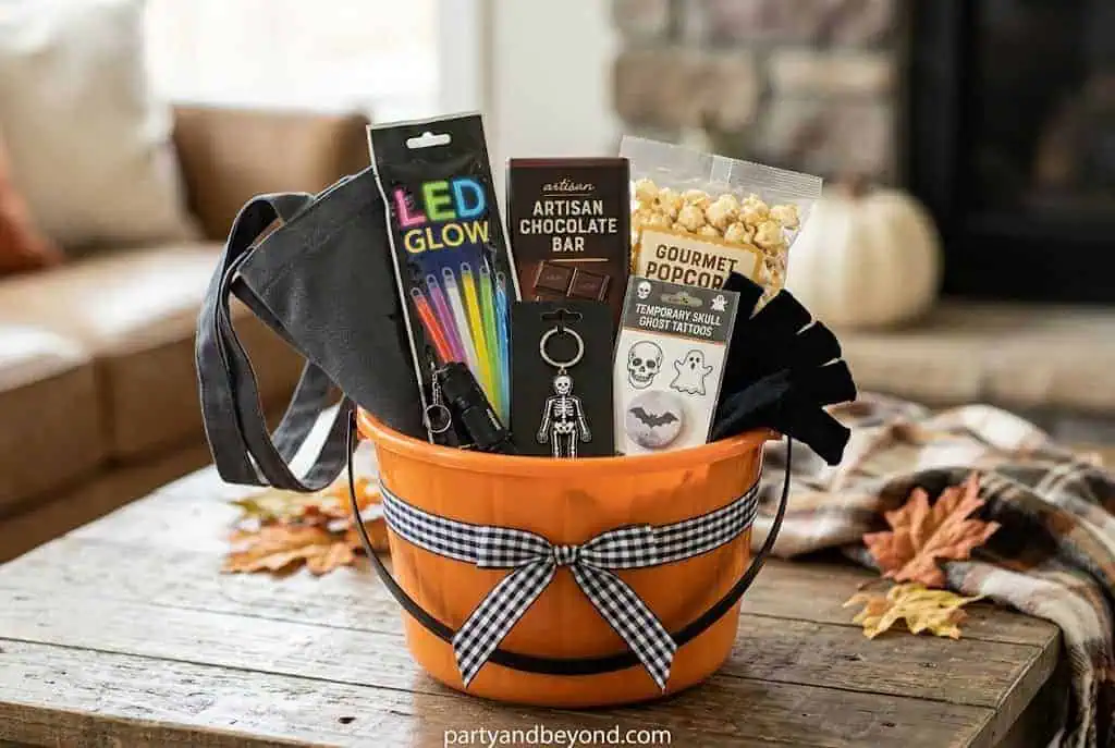 Teen girl boo basket with fuzzy socks, face masks, mini candle, lip balm, and Halloween treats