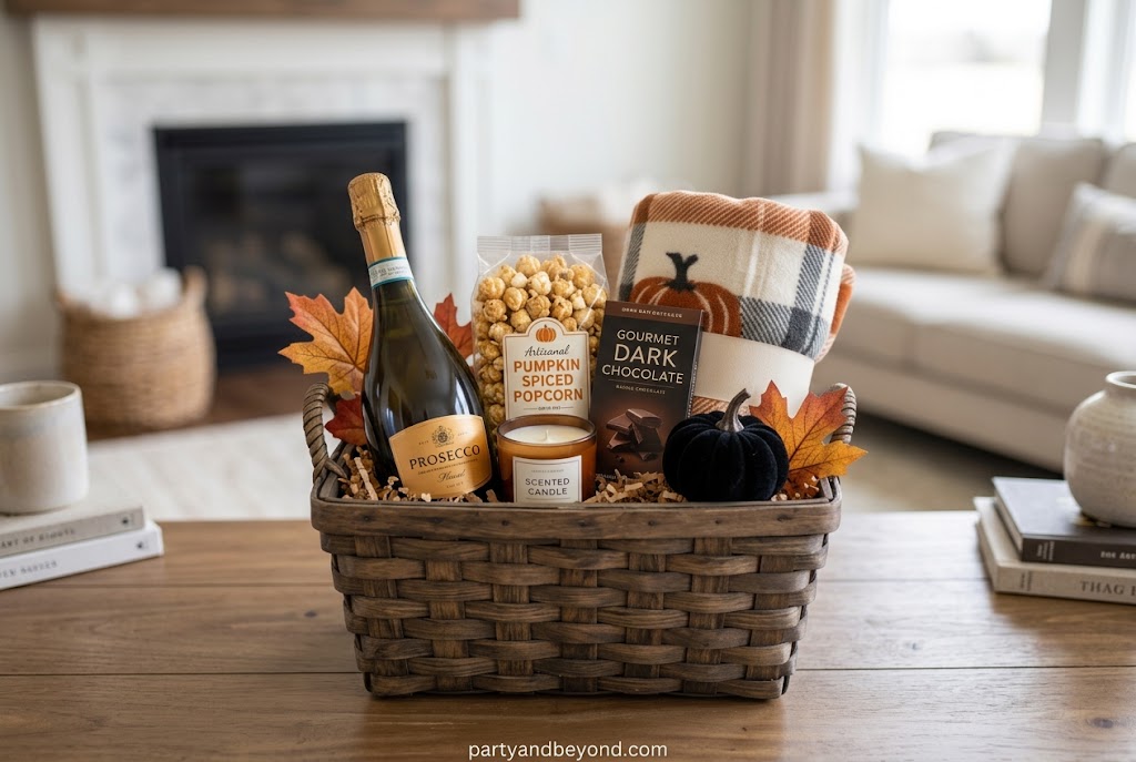 Halloween hostess gift basket with candle, dish towel, chocolates, cocktail napkins, and spices