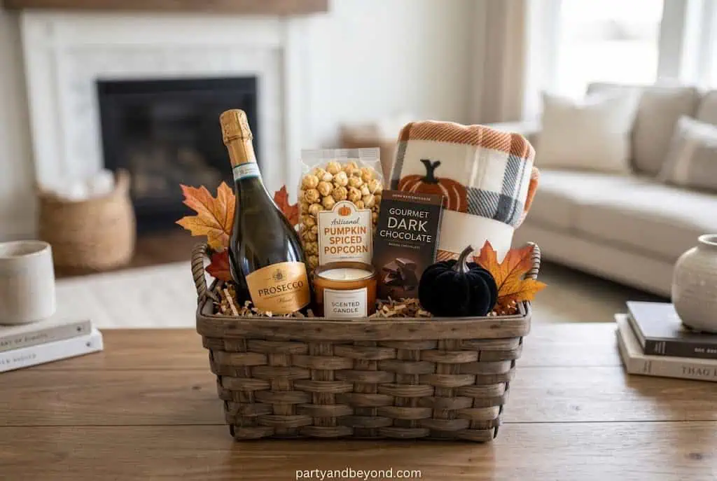 Halloween hostess gift basket with candle, dish towel, chocolates, cocktail napkins, and spices