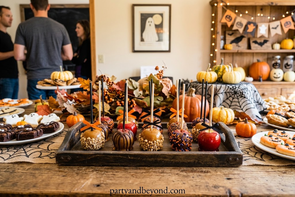 Mini red and black candy apples on sticks with a glossy coating, perfect for Halloween parties.