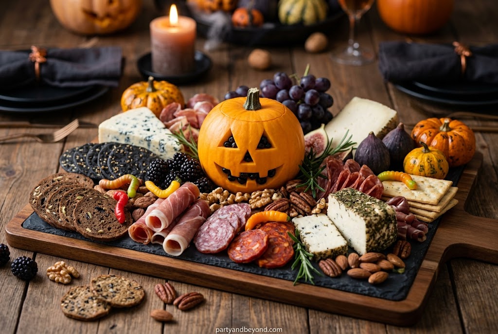 Pumpkin-shaped cheese board with cheddar cutouts, crackers, and vegetables.