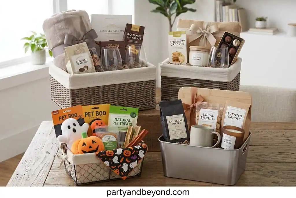 Budget-friendly Halloween boo basket with socks, candy, cocoa, mini pumpkin, and glow sticks Boo Basket Ideas